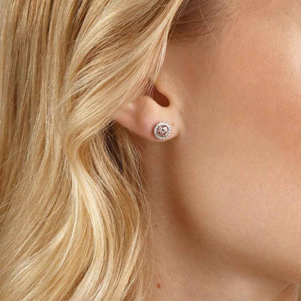 Lightbox 1 ct. tw. Lab-Grown Round Pink Diamond Halo Earrings in 10K White Gold front view