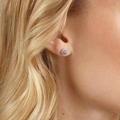 Lightbox 1 ct. tw. Lab-Grown Round Pink Diamond Halo Earrings in 10K White Gold front view