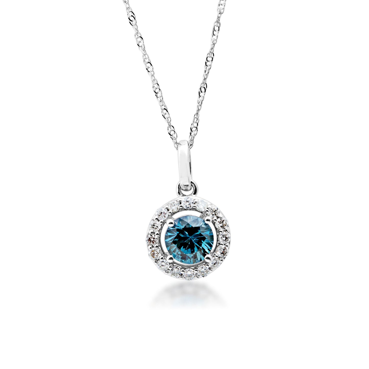 Montana sapphire gemstone and 1/6 ct. wt. Halo pendant in 10K white gold