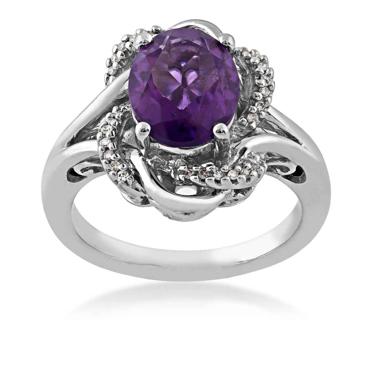Oval Amethyst and Created White Sapphire Swirl Halo Ring in Sterling Silver