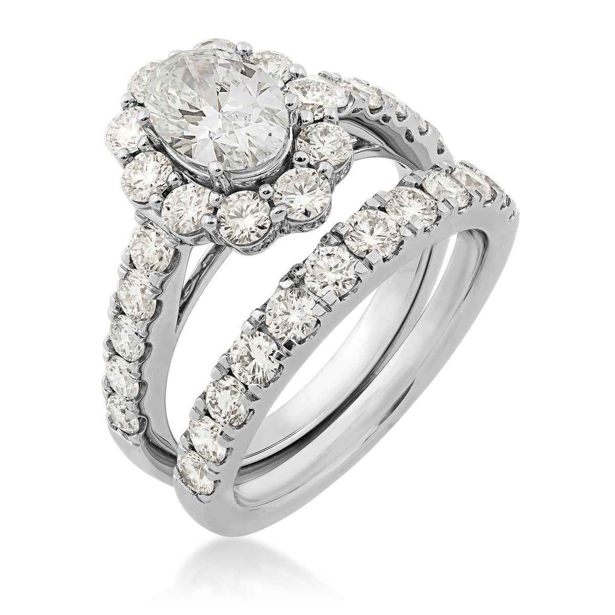 Adamante 3 ct. tw. Lab-Grown Oval Diamond Halo Wedding Set in 14K White Gold close-up detail