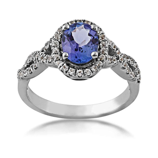 Oval Tanzanite and Created White Sapphire Ring in Sterling Silver