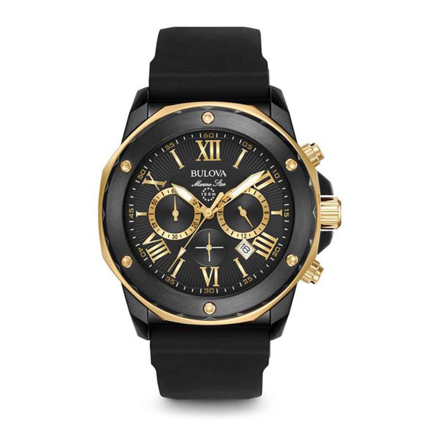 Bulova Marine Star Collection Men's 6 Hand Chronograph Watch with Calendar in Black & Gold Tone Stainless Steel Dial with