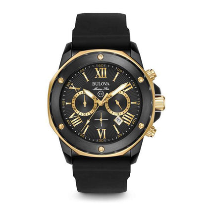 Bulova Marine Star Collection Men's 6 Hand Chronograph Watch with Calendar in Black & Gold Tone Stainless Steel Dial with