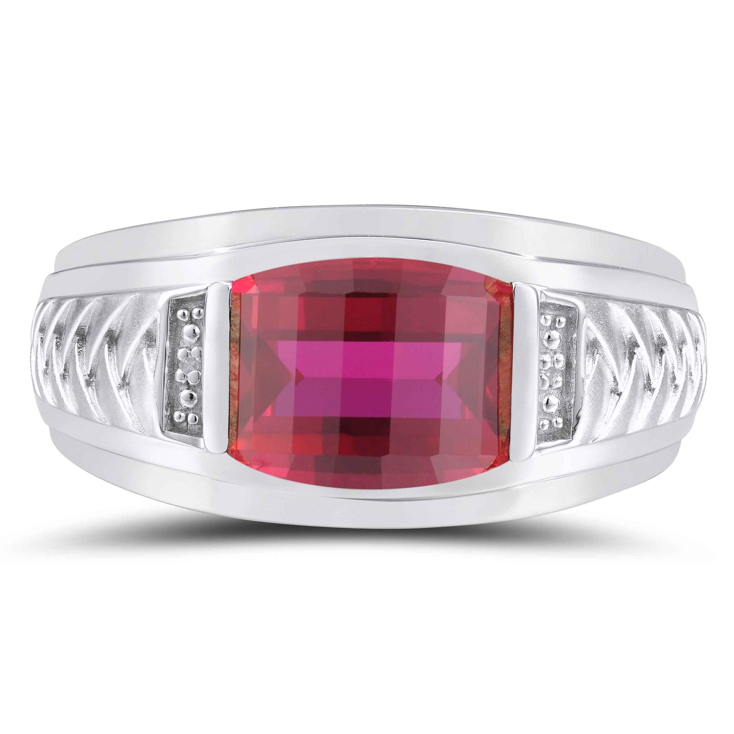 Men's Created Barrel Cut Ruby Ring with .01 ct. tw. Diamond Accents & Braided Center Band Design in Sterling Silver
