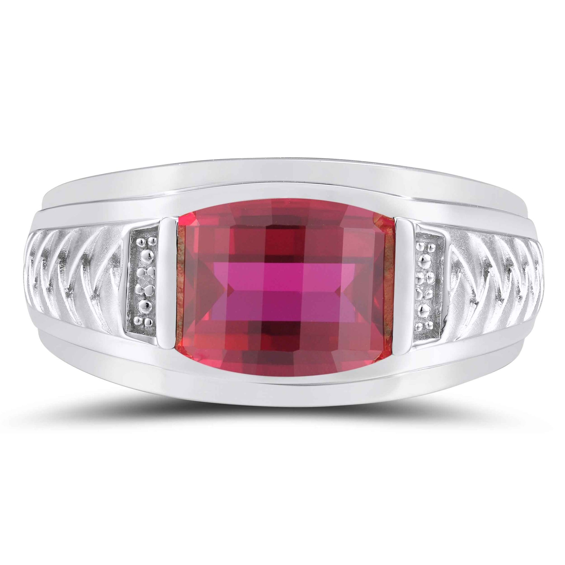 Men's Created Barrel Cut Ruby Ring with .01 ct. tw. Diamond Accents & Braided Center Band Design in Sterling Silver