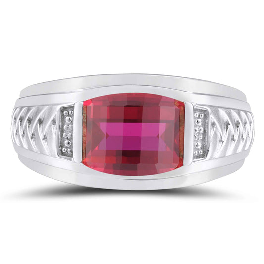 Men's Created Barrel Cut Ruby Ring with .01 ct. tw. Diamond Accents & Braided Center Band Design in Sterling Silver