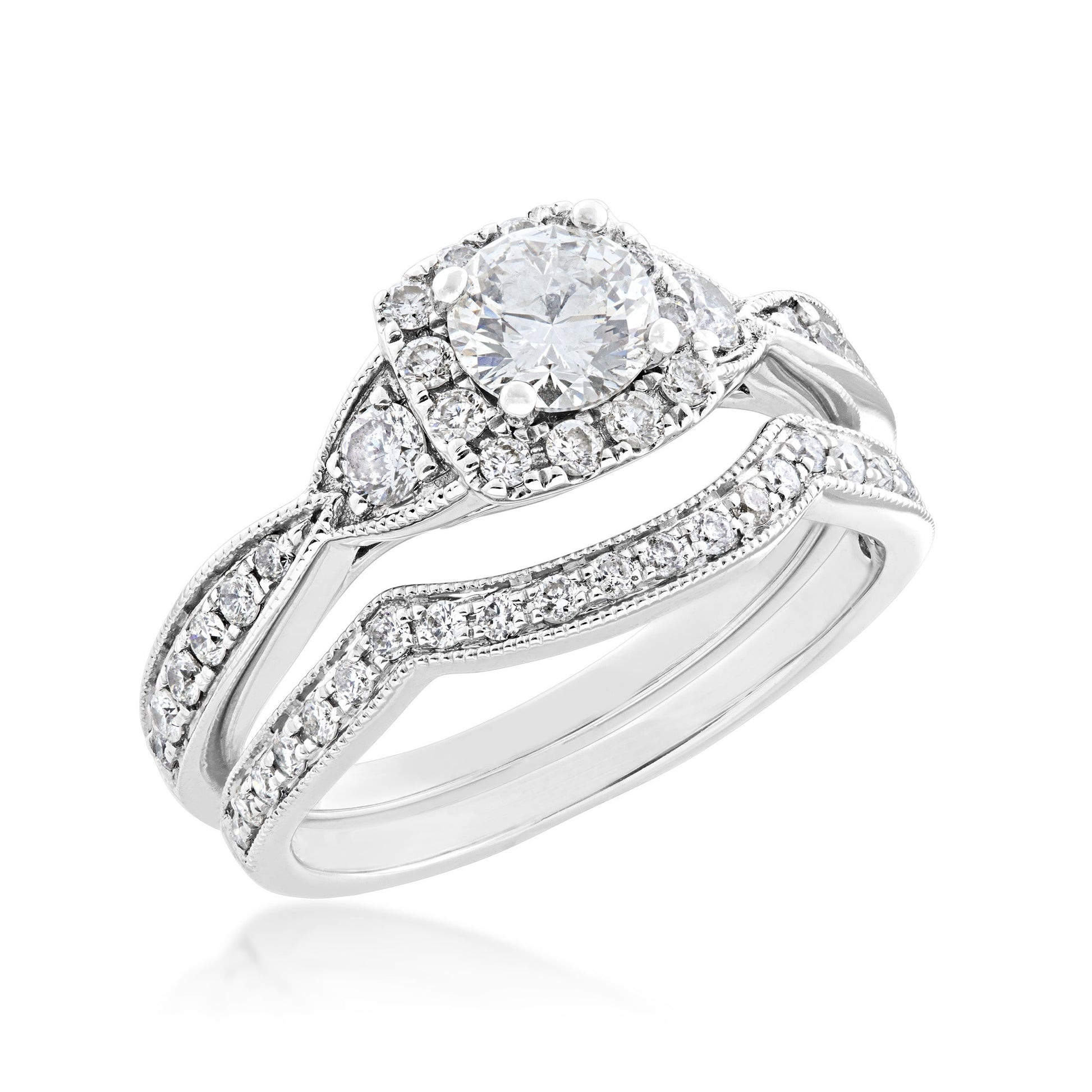 Noventa 1 ct. tw. Round Vintage-Inspired Diamond Square Halo Wedding Set with Milgrain Detailing in 14K White close-up detail