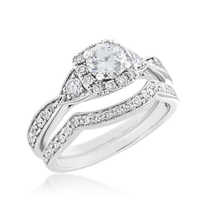Noventa 1 ct. tw. Round Vintage-Inspired Diamond Square Halo Wedding Set with Milgrain Detailing in 14K White close-up detail