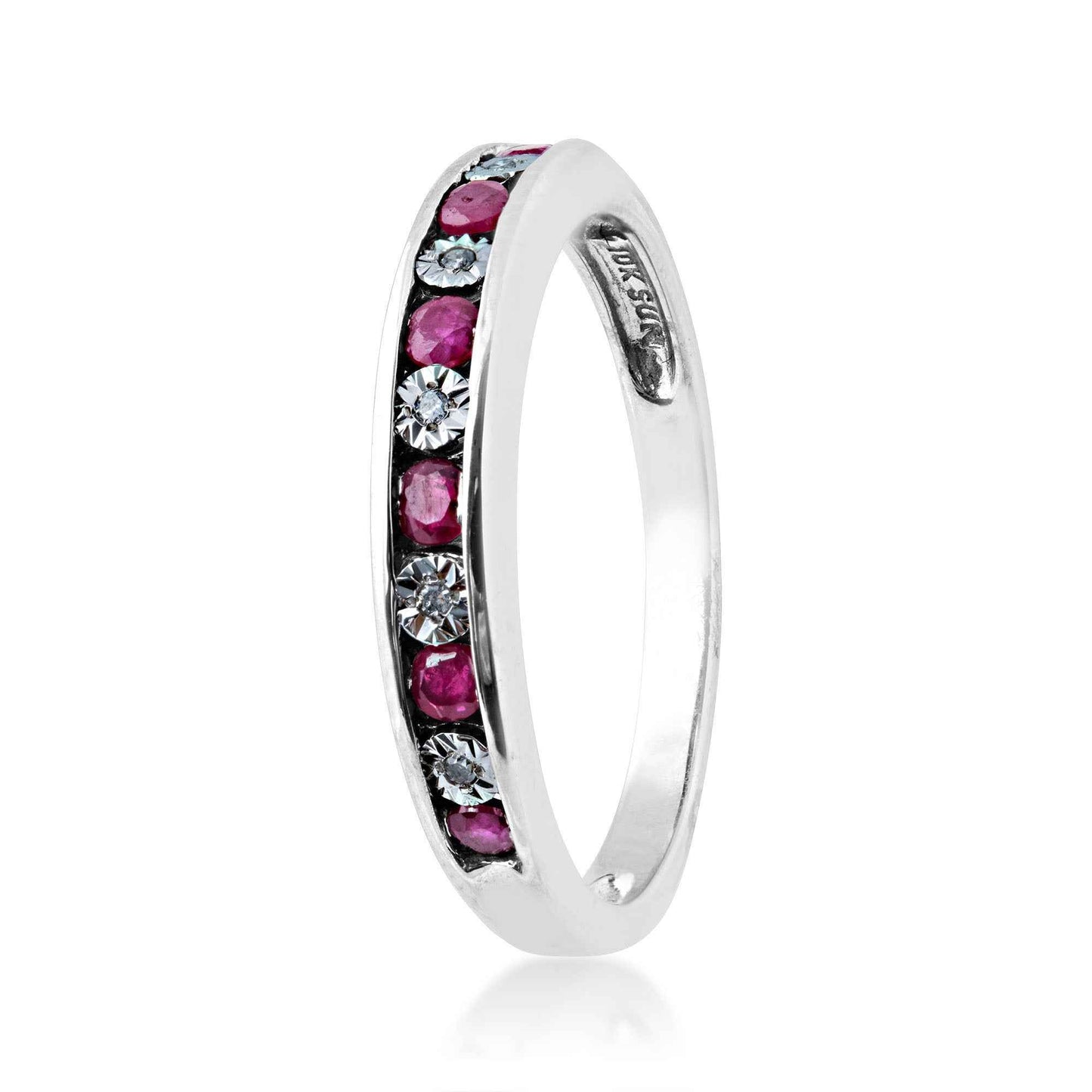 Genuine Red Ruby and .015 ct. tw. Diamond Channel Set Fashion Band in 10K White Gold front view