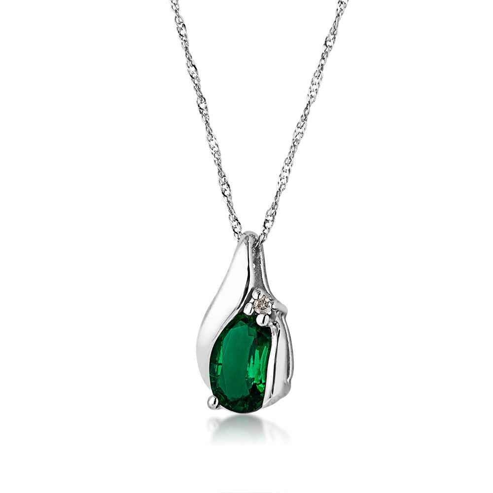 Created Oval Emerald & .01 ct. tw. Diamond Pendant in 10K White Gold