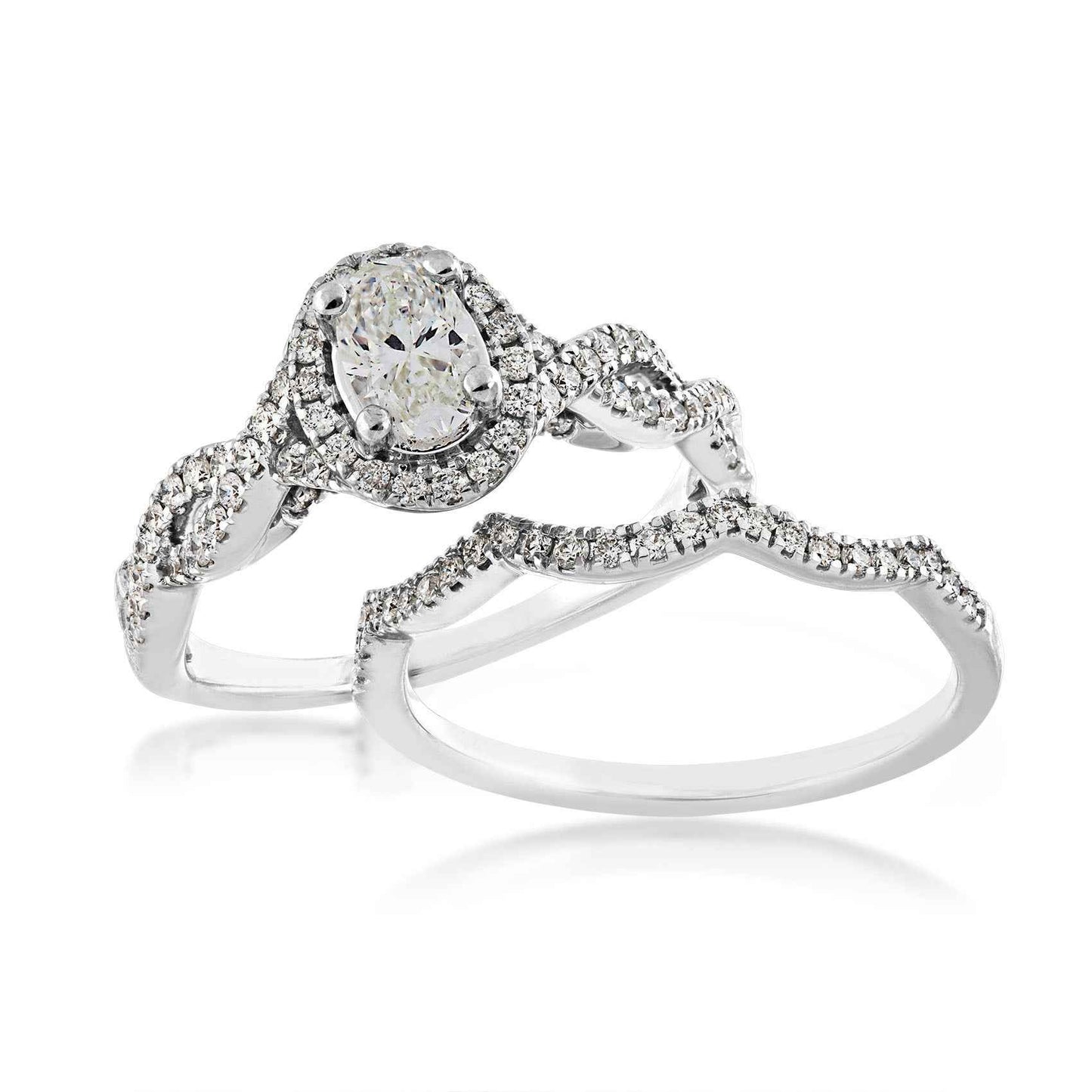 Natural 1 ct. tw. Oval Diamond Halo Twist Wedding Set in 14K White Gold close-up detail