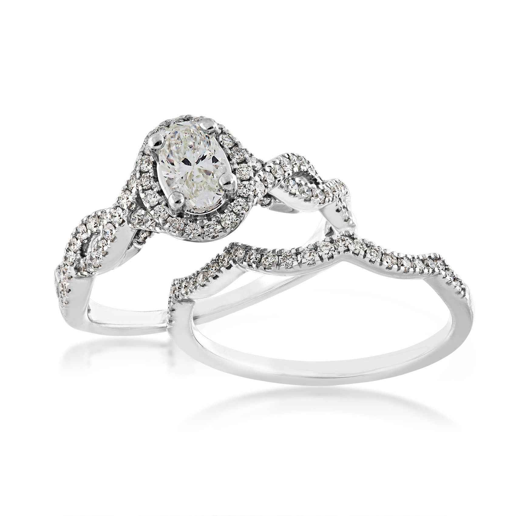 Natural 1 ct. tw. Oval Diamond Halo Twist Wedding Set in 14K White Gold close-up detail