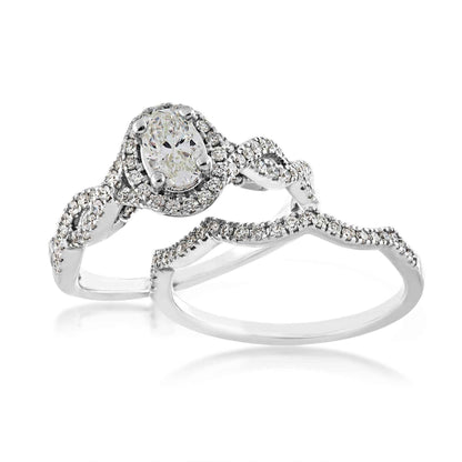 Natural 1 ct. tw. Oval Diamond Halo Twist Wedding Set in 14K White Gold close-up detail