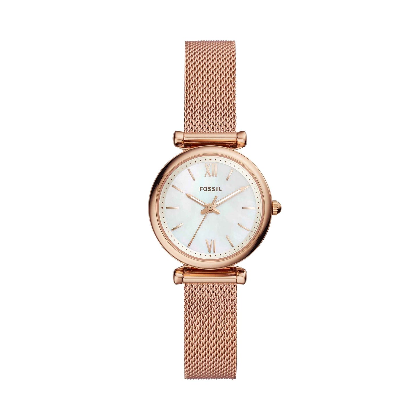 Fossil Ladies' Carlie Mini Analog Watch with Pink Gold-Tone Stainless Steel Mesh Band and Mother-of-Pearl Dial