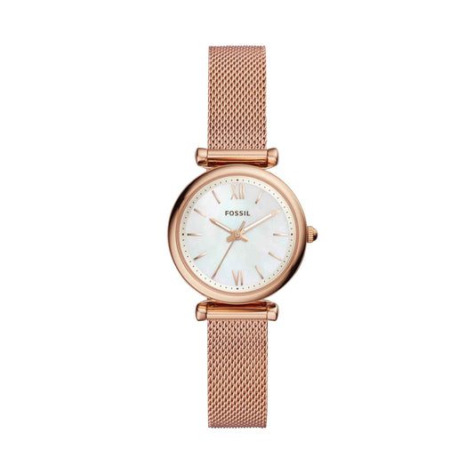 Fossil Ladies' Carlie Mini Analog Watch with Pink Gold-Tone Stainless Steel Mesh Band and Mother-of-Pearl Dial
