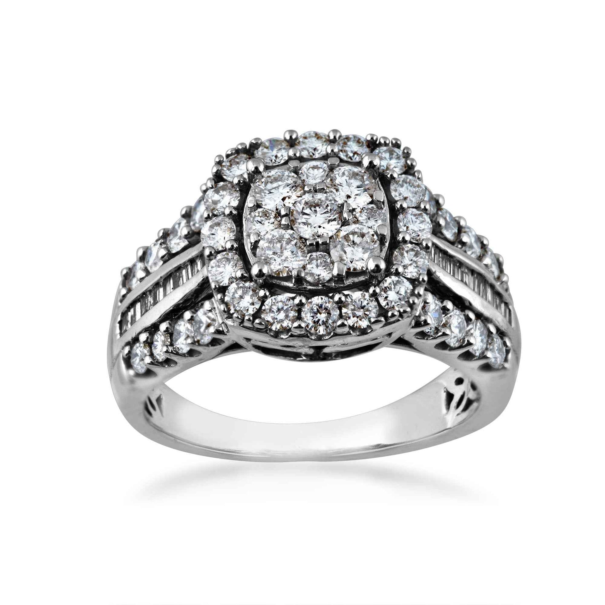 Fairytale Diamonds 1-1/2 ct. tw. Cluster Diamond Halo Engagement Ring with Round & Straight Baguette Band in 10K White Gold