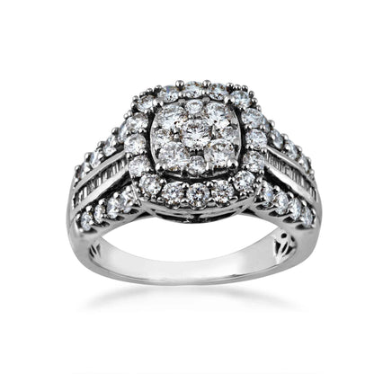 Fairytale Diamonds 1-1/2 ct. tw. Cluster Diamond Halo Engagement Ring with Round & Straight Baguette Band in 10K White Gold