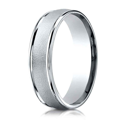 Benchmark Men's Wedding Band with Wire Brush Center and Satin Finish in 10K White Gold close-up detail