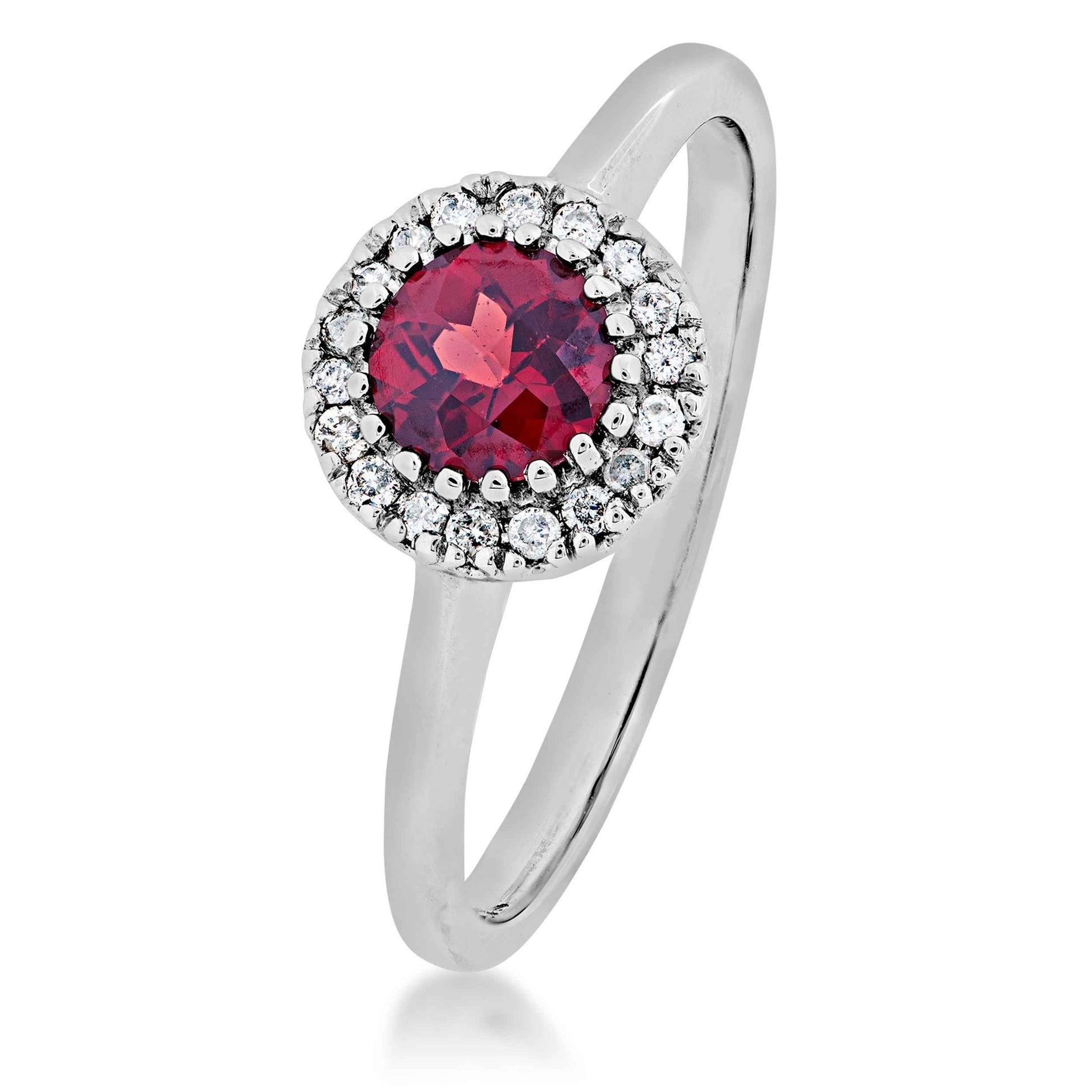 Genuine Round Garnet Ring with 1/10 ct. tw. Diamond Halo in 10K White Gold front view