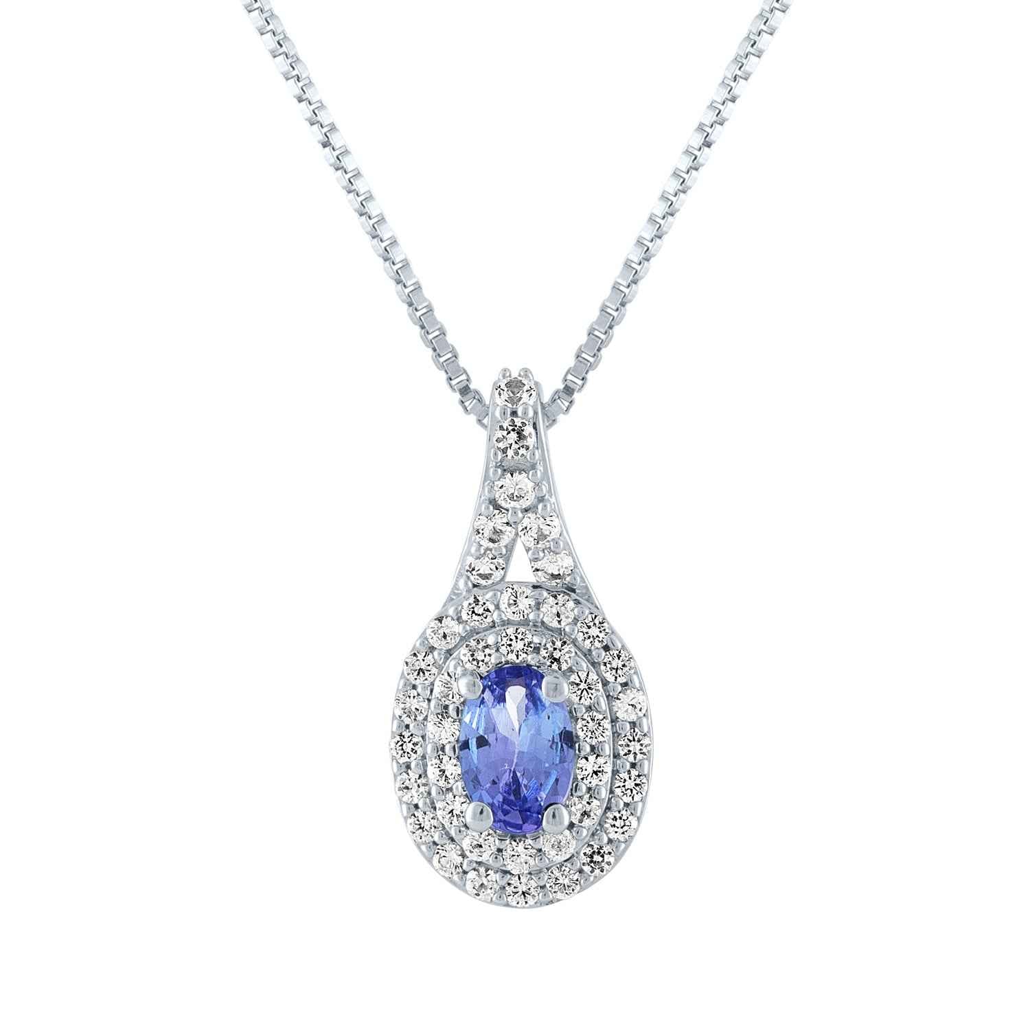 Genuine Oval Tanzanite and Created White Sapphire Double Halo Pendant in Sterling Silver