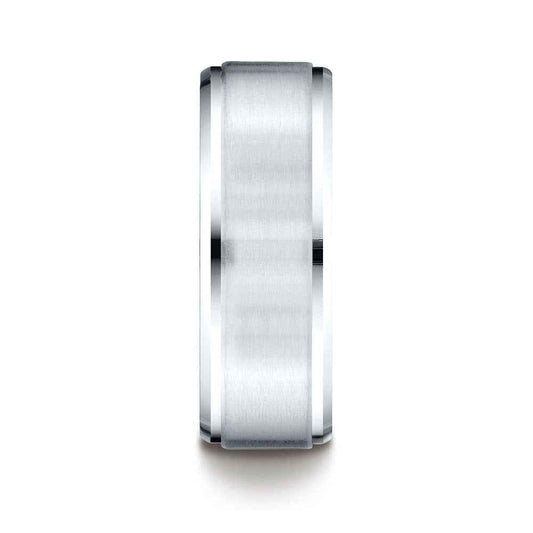 Benchmark 8mm Brushed Finish Mens Wedding Ring in White Gold close-up detail