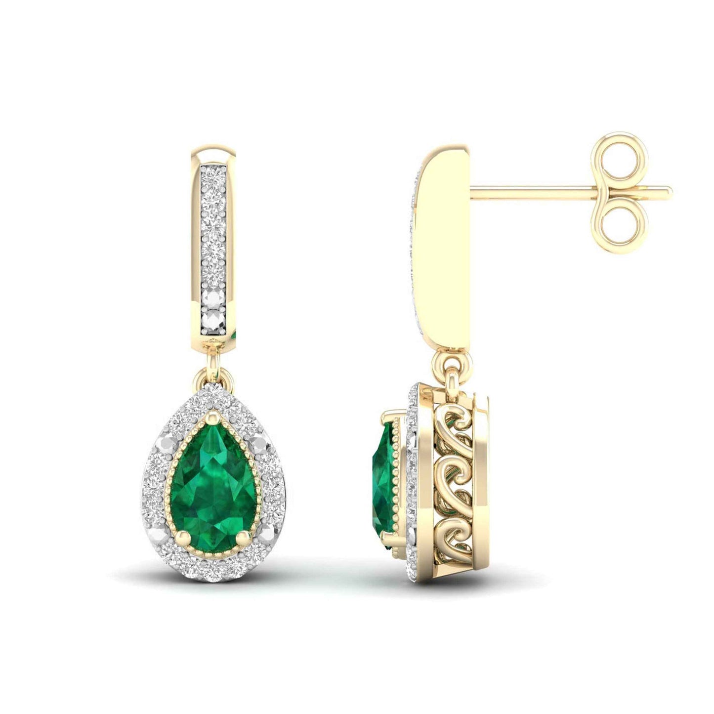 Pear Emerald and 1/10 ct. tw. Diamond Halo Filigree Earrings with Milgrain Detailing in 10K Yellow Gold