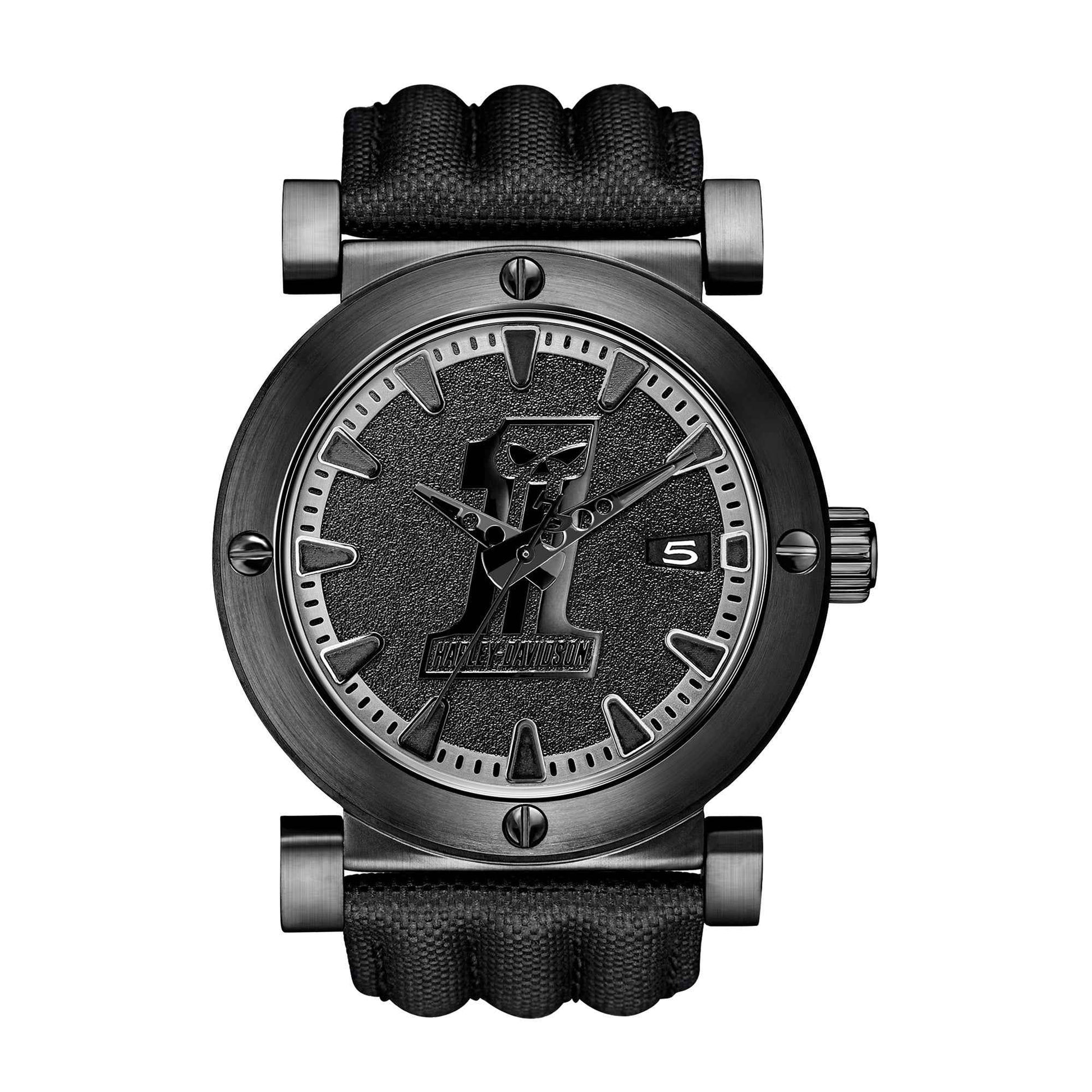 Harley Davidson Men's Black Label Watch with Leather Stitched Strap and Black Ion Plating