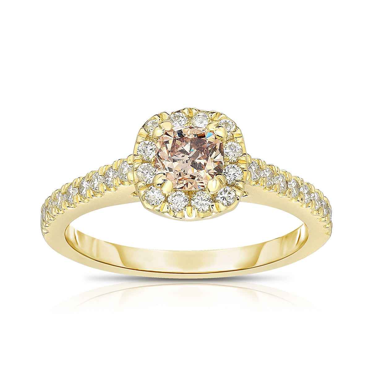 Mocha Lux 7/8 ct. tw. Cushion Cut Mocha Diamond Engagement Ring with White Diamond Halo & Band in 14K Yellow Gold