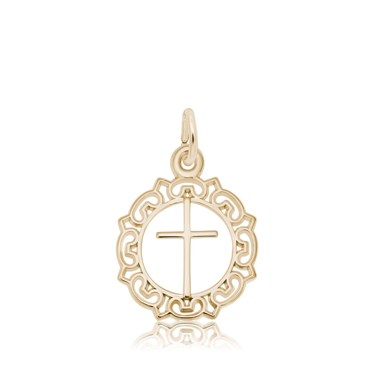 Cross Circle Charm with Ornate Border in 14K Yellow Gold