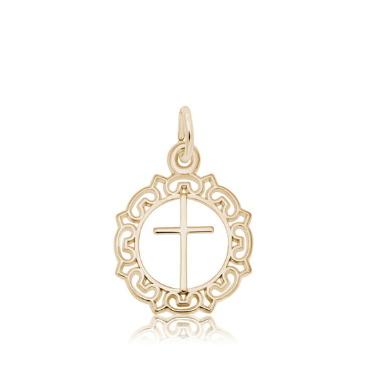 Cross Circle Charm with Ornate Border in 14K Yellow Gold