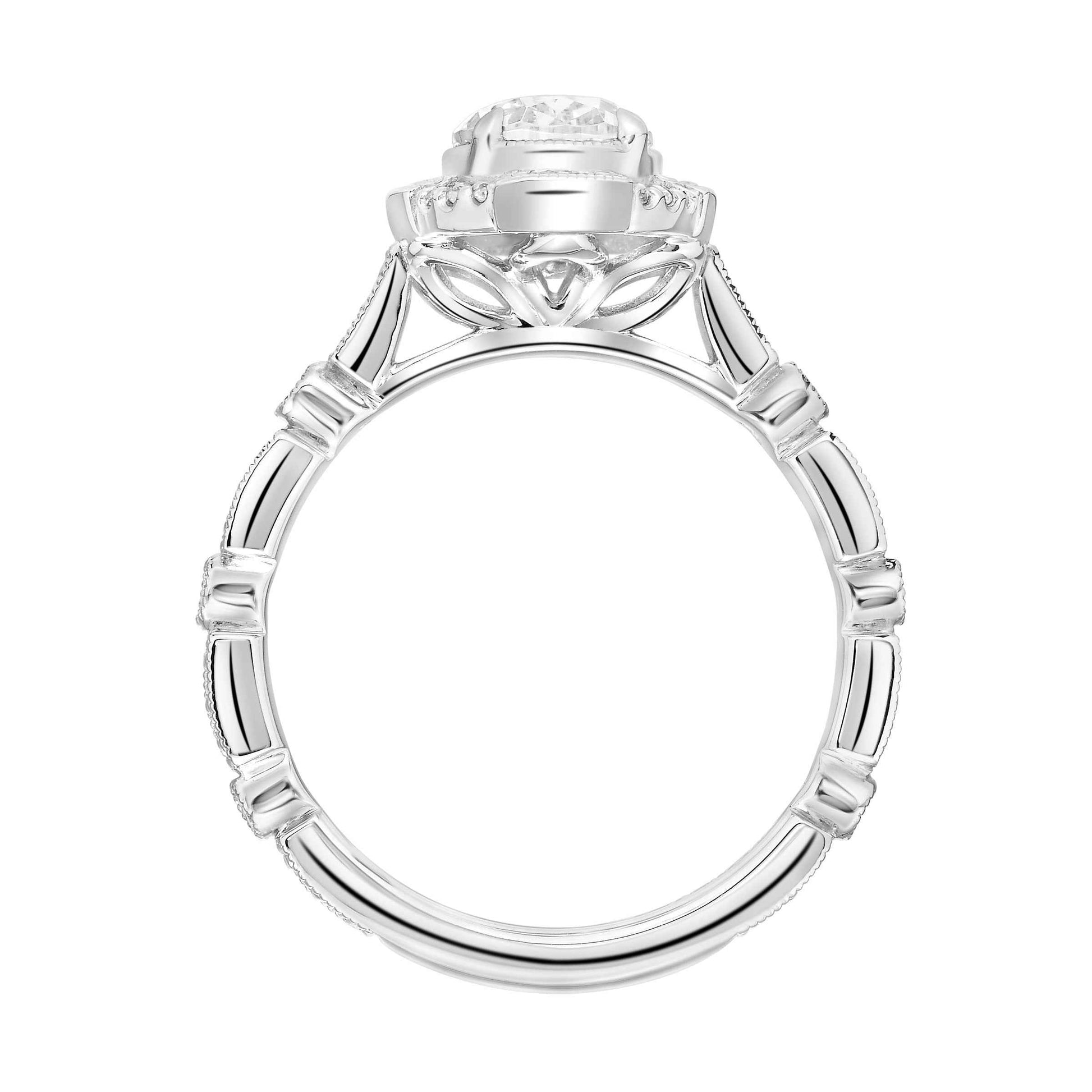 ArtCarved Vintage 1/4 ct. tw. Oval Diamond Semi-Mount Engagement Ring with Milgrain Detailing in 14K White close-up detail
