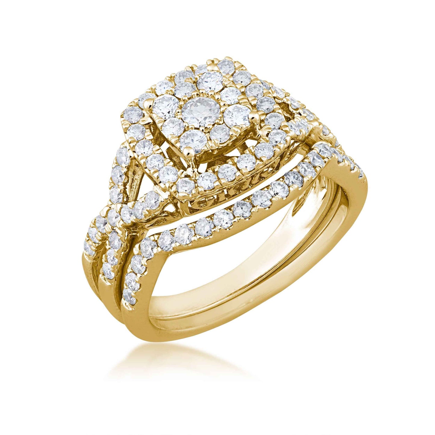 Fairytale Diamonds 1 ct. tw. Diamond Cluster Halo Wedding Set with Twist Shank in 10K Yellow Gold front view