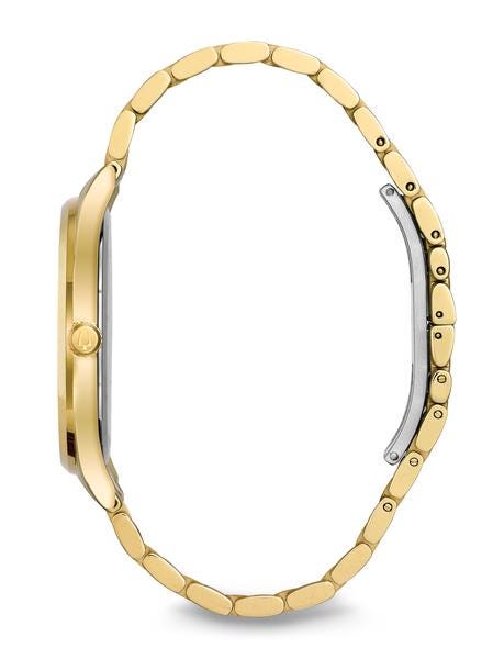 Bulova Diamond Collection Men's Black Dial Watch with 8 Diamond Hour Accents in Gold-Tone Stainless Steel front view