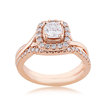 Noventa 1-1/5 ct. tw. Cushion Cut Diamond Center Wedding Set with Round Brilliant Halo & Band in 14K Pink Gold