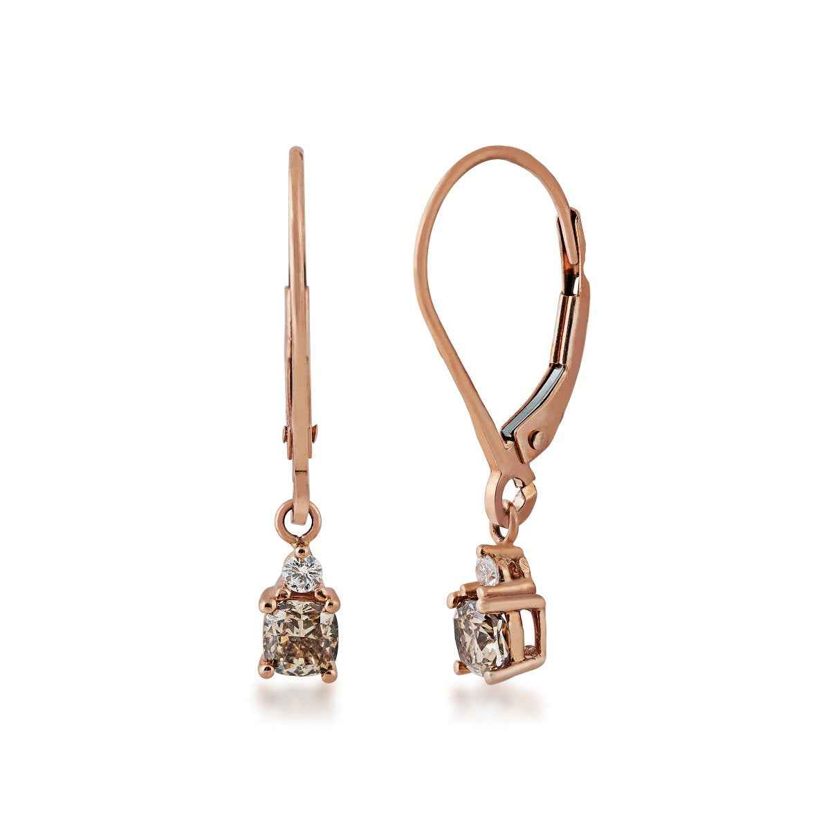 Mocha Lux 5/8 ct. tw. Cushion Mocha and Round White Diamond Dangle Earrings in 14K Pink Gold
