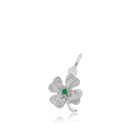 Four Leaf Clover Charm with Green Bead in Sterling Silver