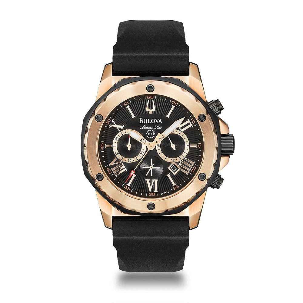 Bulova Marine Star Men's Chronograph Watch in Black & Rose Gold-Tone Stainless Steel Case with Black Rubber Strap