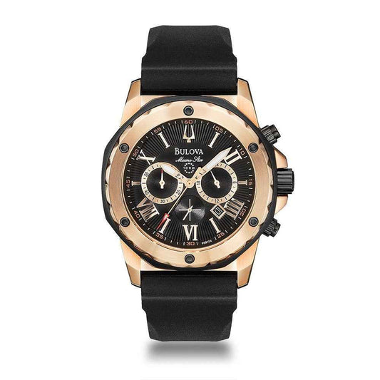 Bulova Marine Star Men's Chronograph Watch in Black & Rose Gold-Tone Stainless Steel Case with Black Rubber Strap