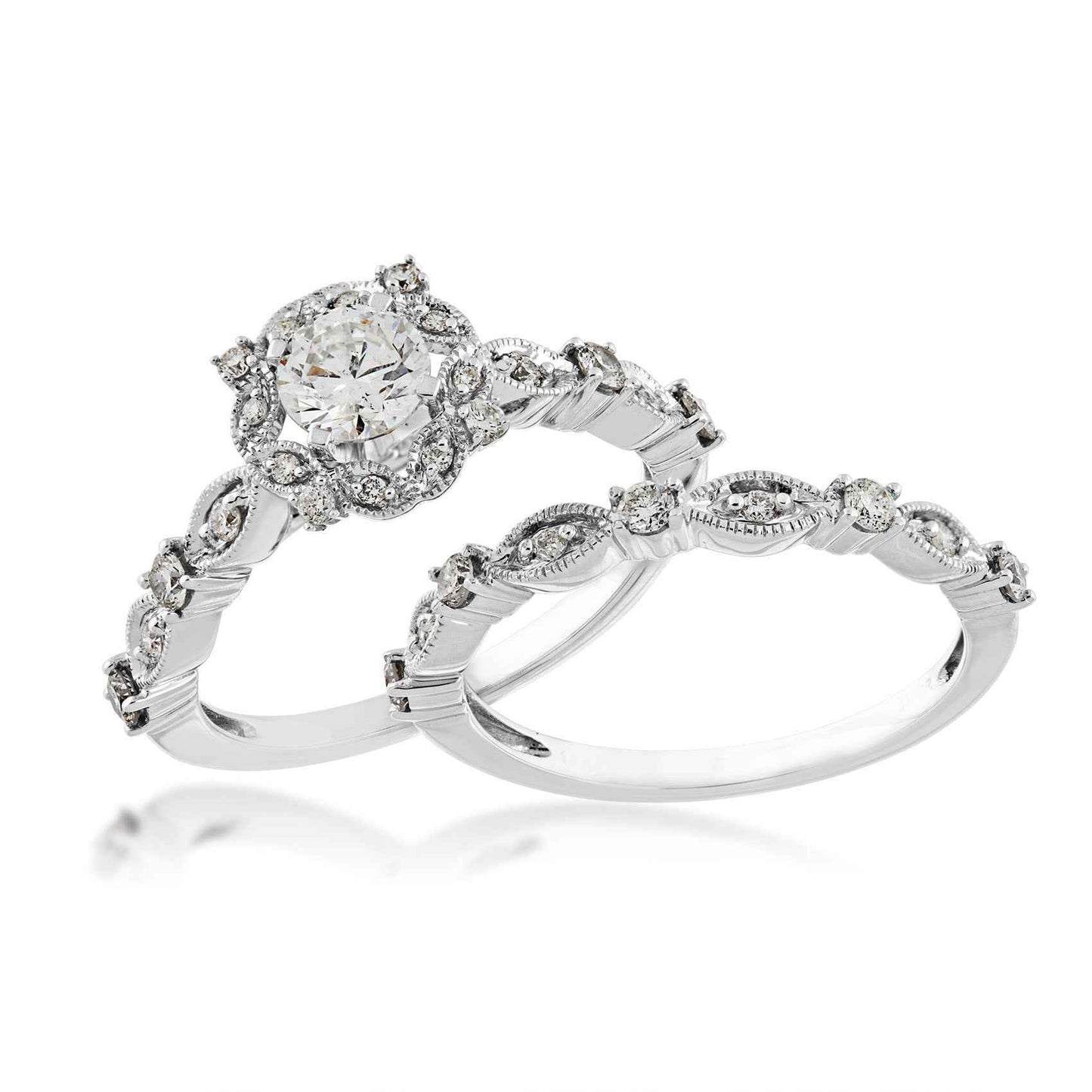 Natural 1 ct. tw. Round Brilliant Diamond Halo Milgrain Leaf Wedding Set in 14K White Gold front view