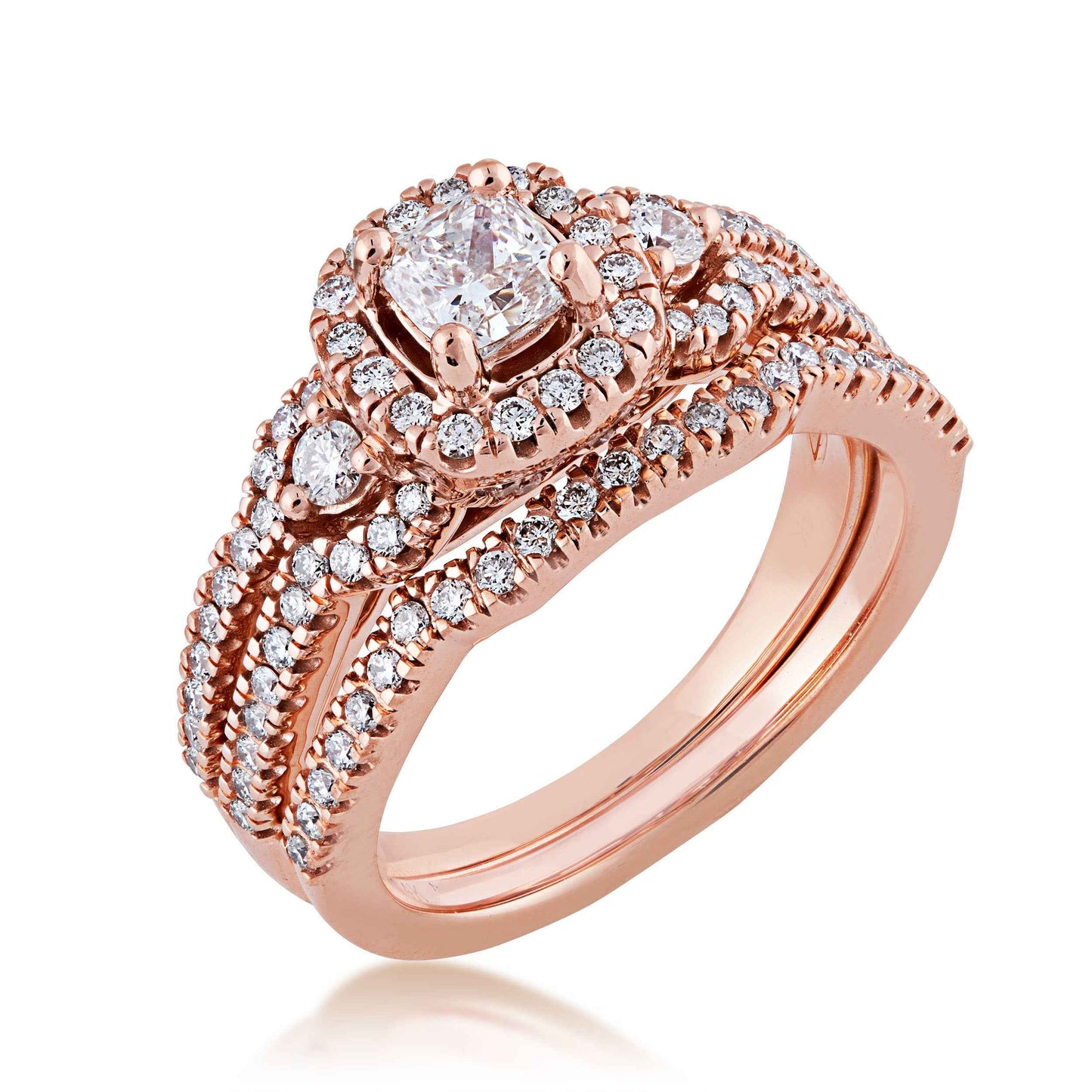Noventa 1-1/8 ct. tw. Cushion Cut Halo Diamond Wedding Set with V-Split Set Diamond Band in 14K Pink Gold front view