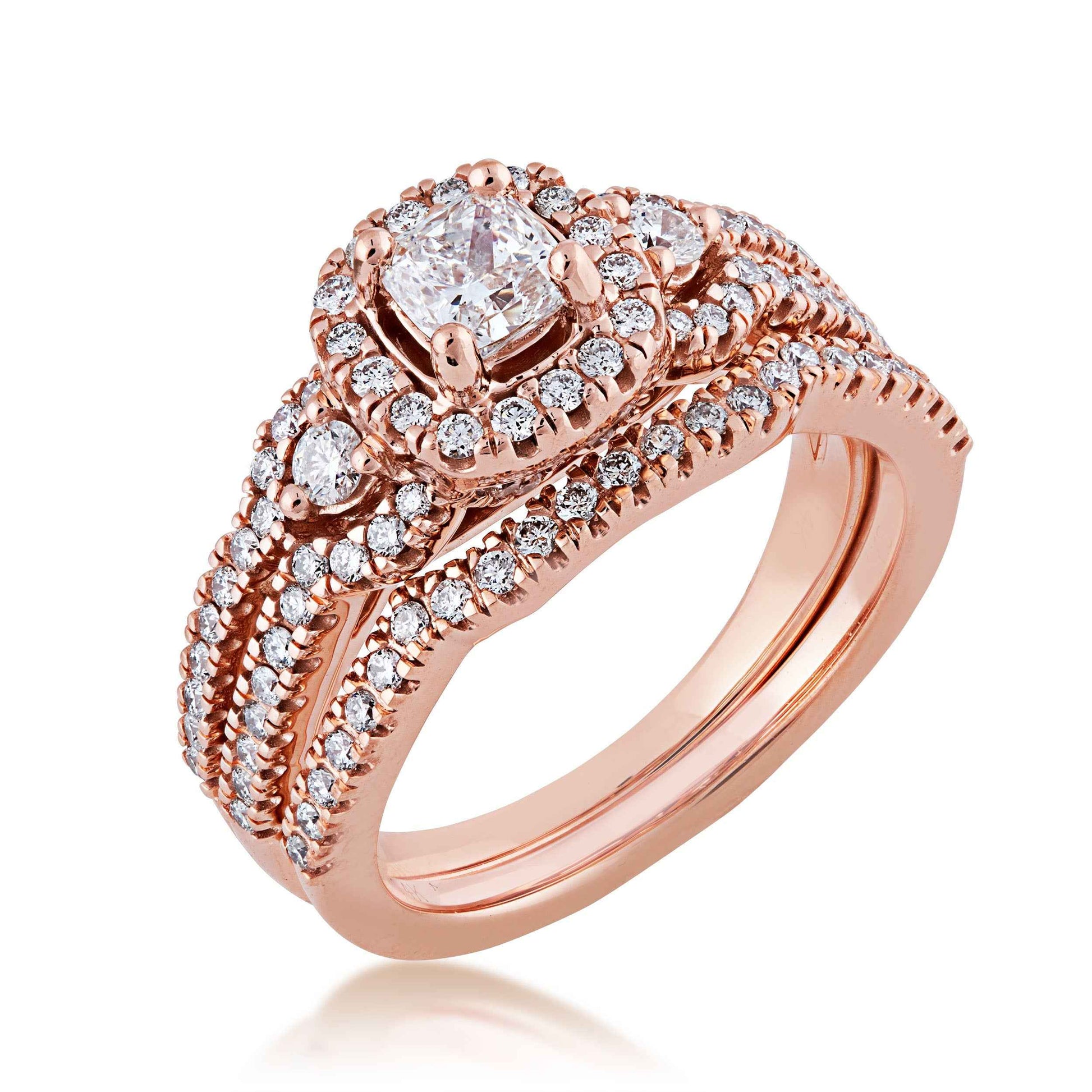 Noventa 1-1/8 ct. tw. Cushion Cut Halo Diamond Wedding Set with V-Split Set Diamond Band in 14K Pink Gold front view