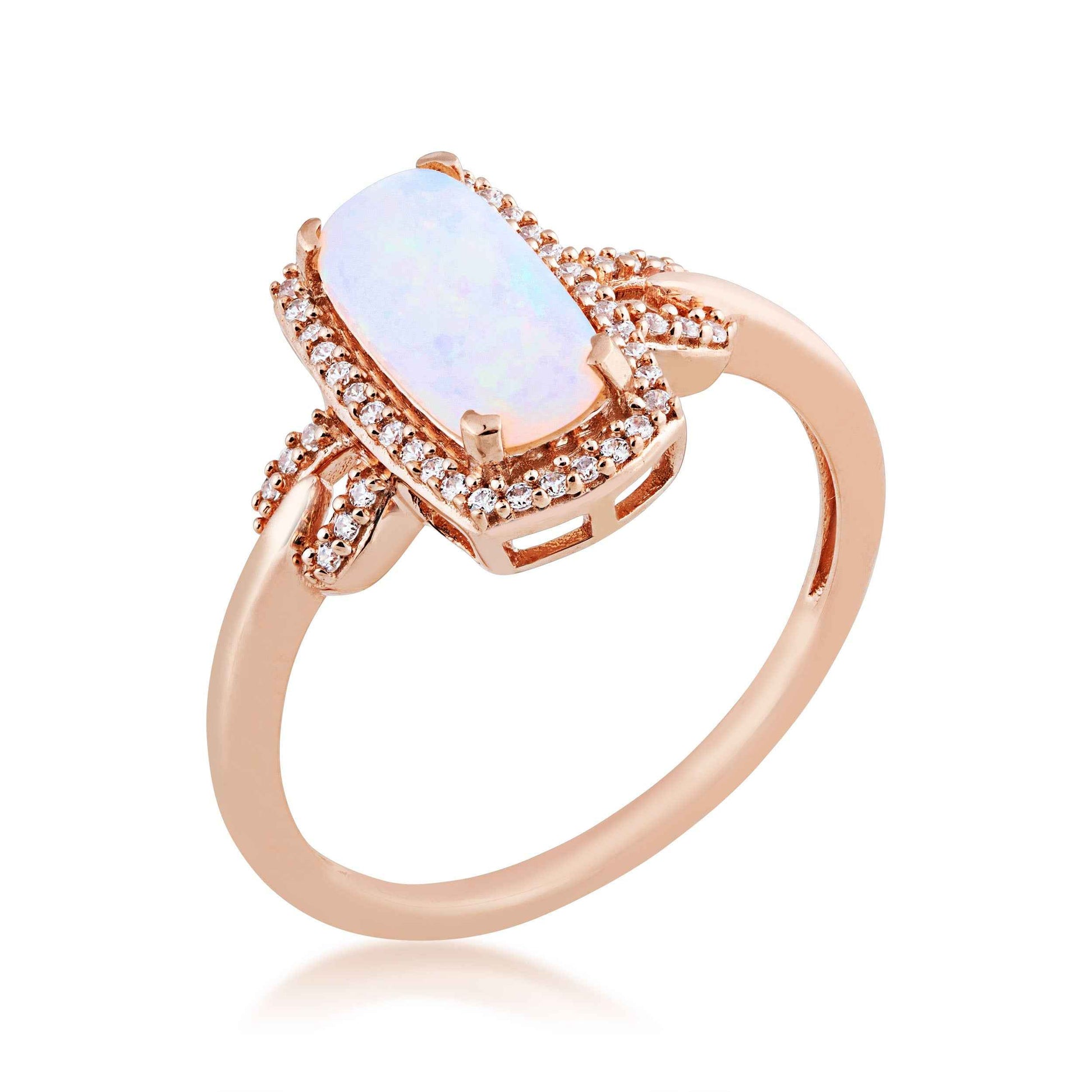 Opal and 1/8 ct. tw. Elongated Cushion Cut Diamond Halo Ring in 10K Pink Gold front view