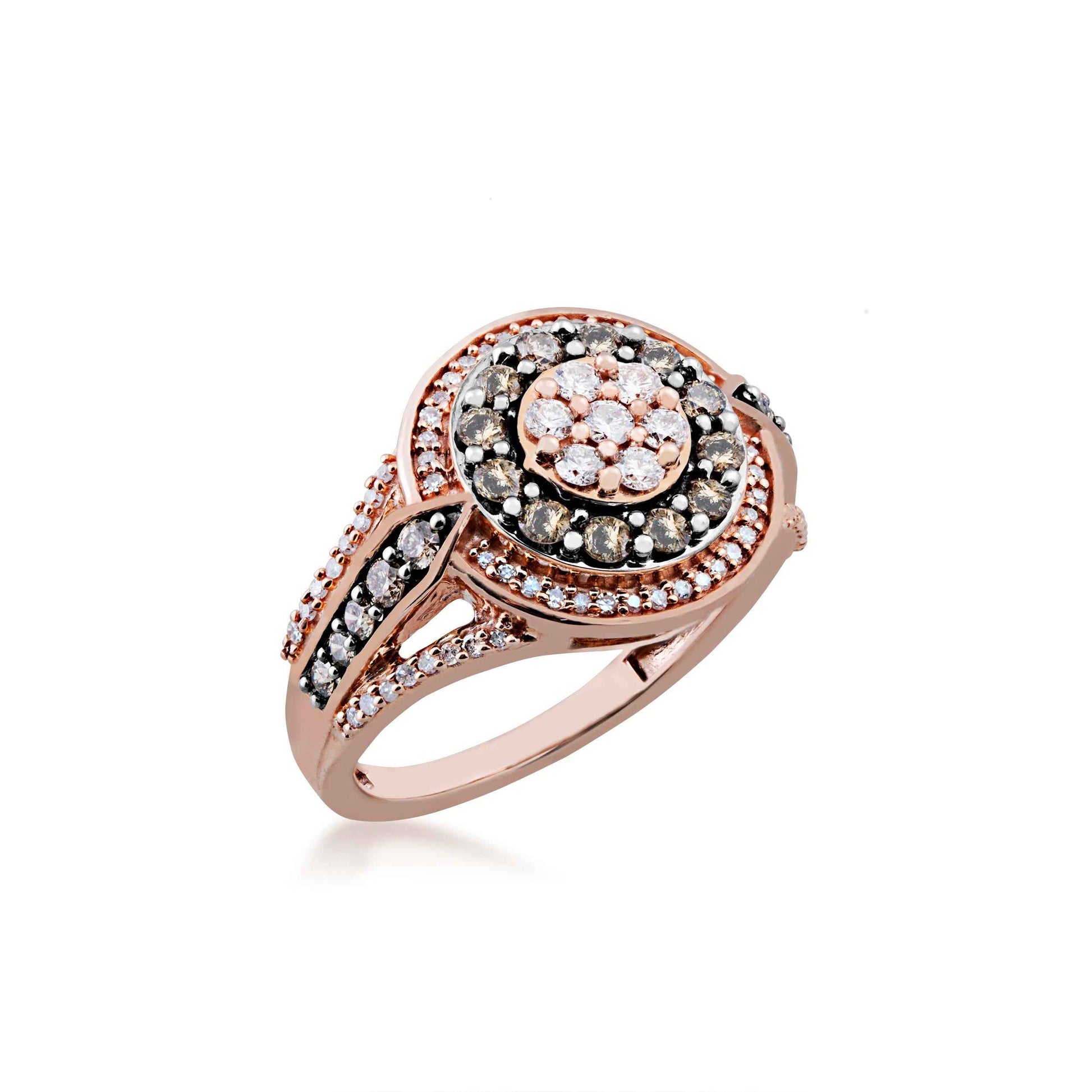 Mocha Collection 1 ct. tw. Round Mocha & White Diamond Cluster Halo Fashion Ring with Split-Shank Band in 10K Pink front view