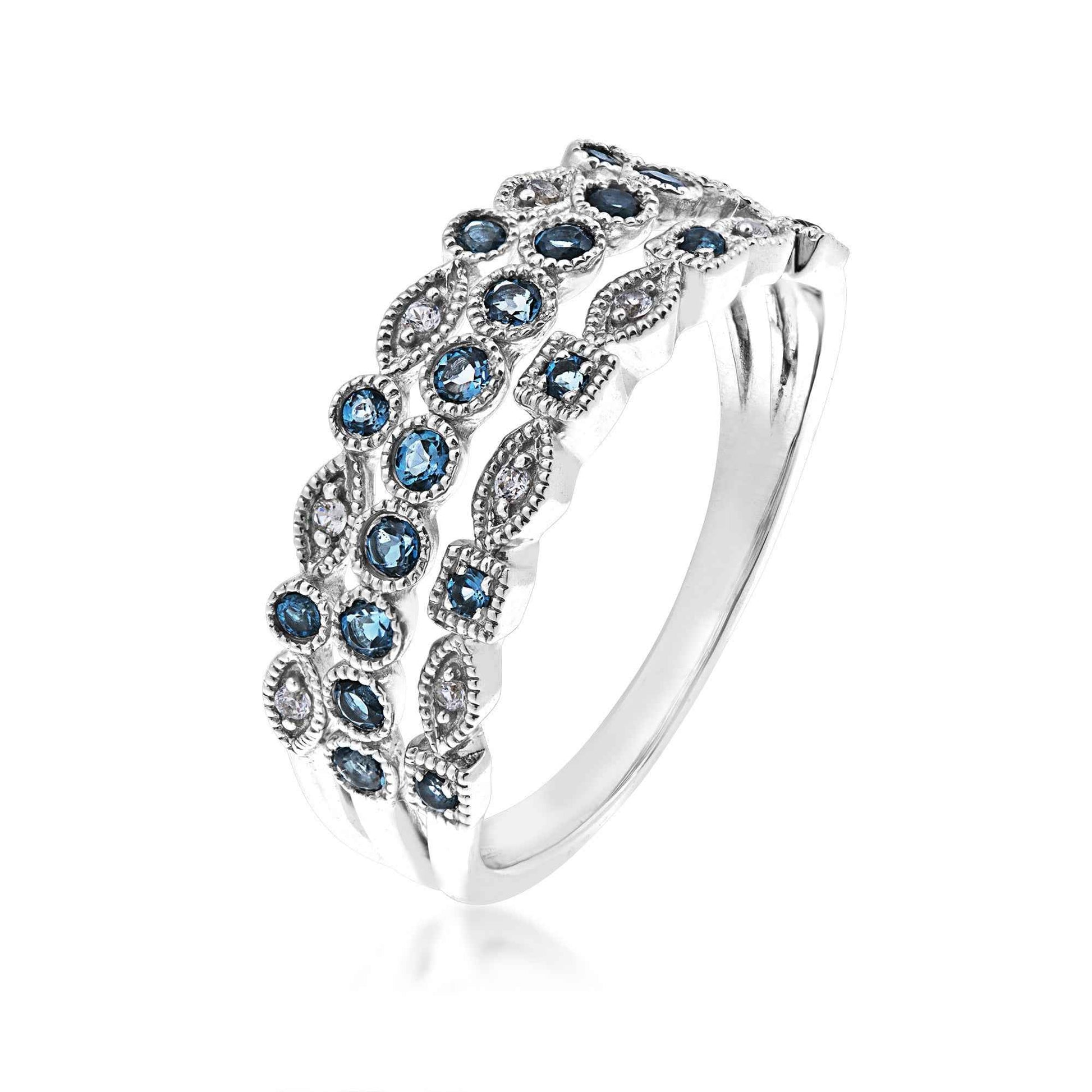 Genuine 3-Row London Blue Topaz & Created White Sapphire Stackable Ring with Milgrain Detailing in Sterling Silver front view