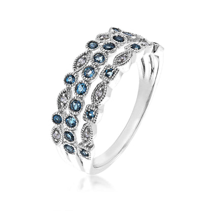 Genuine 3-Row London Blue Topaz & Created White Sapphire Stackable Ring with Milgrain Detailing in Sterling Silver front view