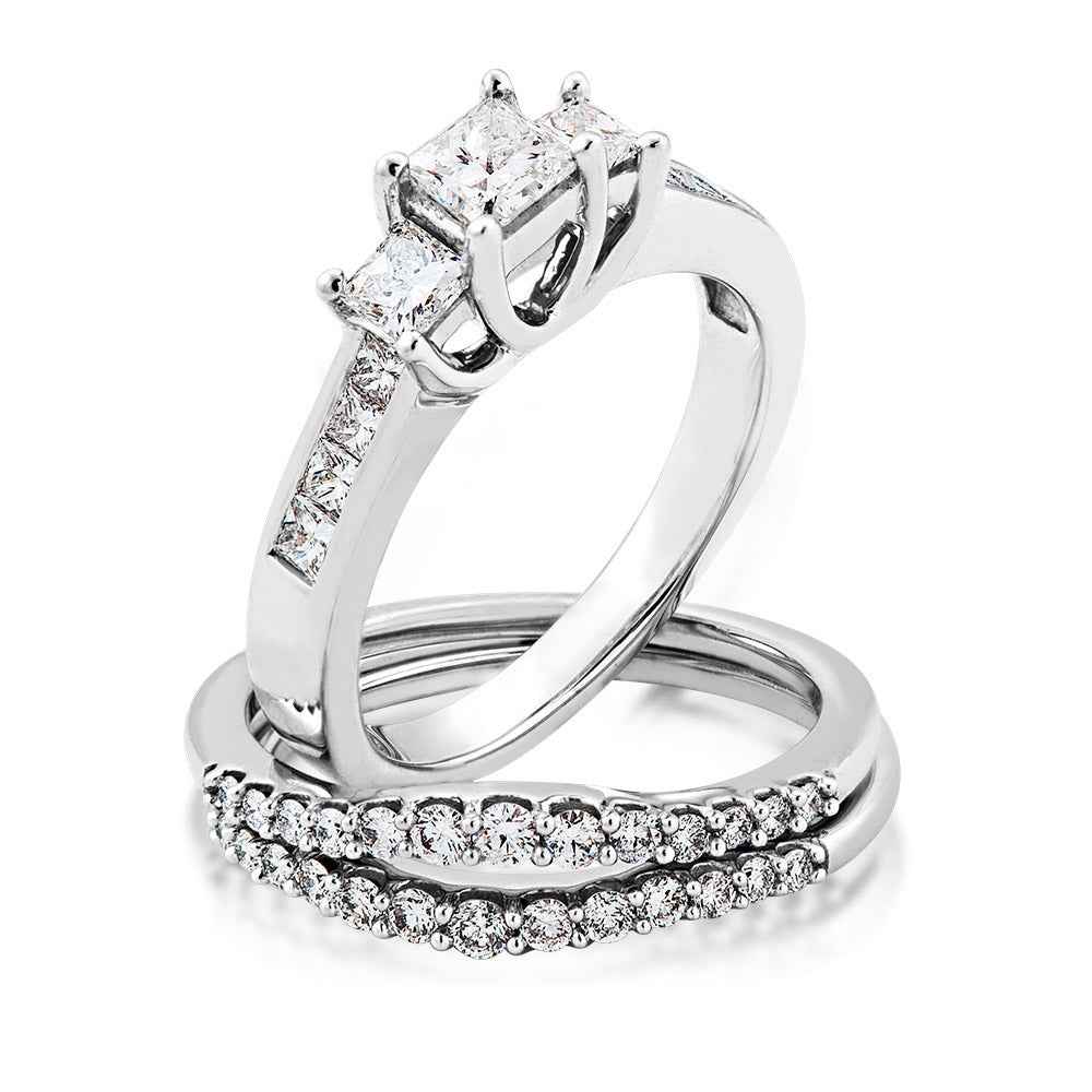 Natural 1-1/2 ct. tw. 3-Stone Princess Cut Diamond Wedding Set in 14K White Gold front view