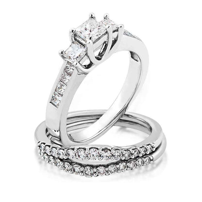 Natural 1-1/2 ct. tw. 3-Stone Princess Cut Diamond Wedding Set in 14K White Gold front view