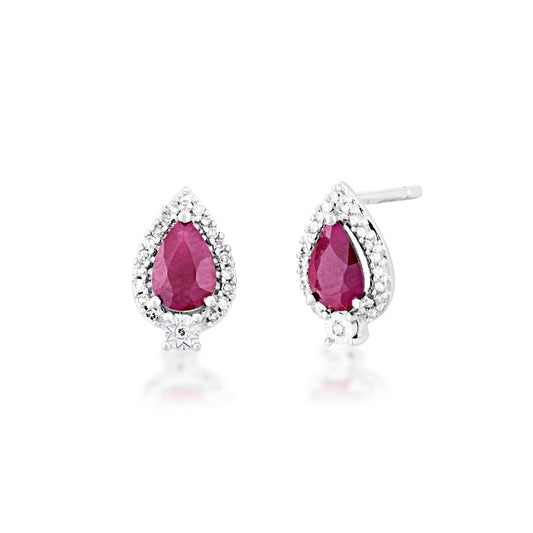 Genuine Pear Shaped Ruby with 1/10 ct. tw. Diamond Halo Earrings in 10K White Gold