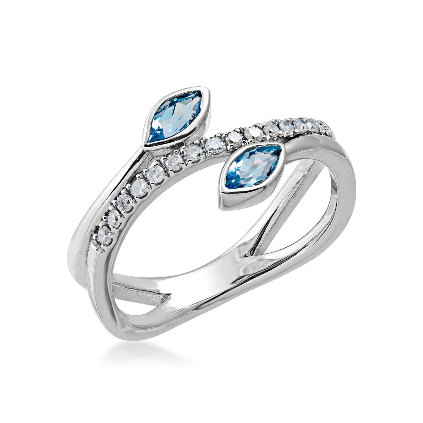 Swiss Blue Topaz Marquise-Shaped Bypass Ring with .15 ct. tw. Diamond Center Band in Sterling Silver front view